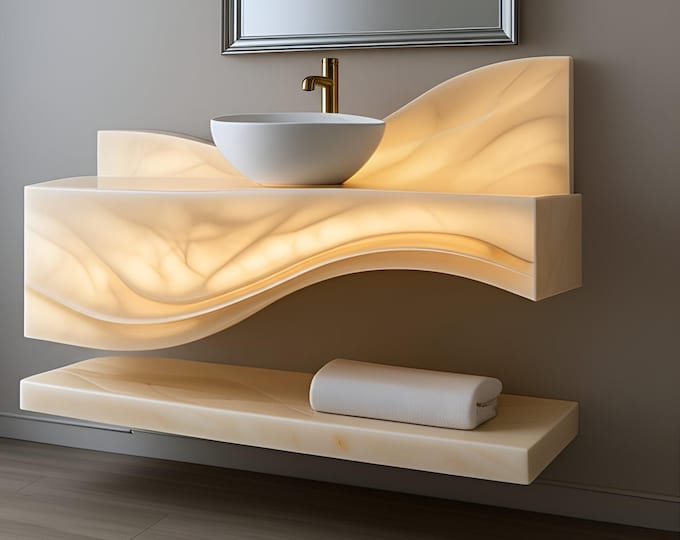 Featured listing image: Handmade Onyx Floating Marble Bathroom Vanity – Modern Backlit LED Sink Cabinet, Custom Stone Vanity