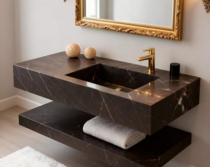 Featured listing image: Handmade Black and white Marble Bathroom Vanity 36in – Customizable Countertop, with Lower Shelf