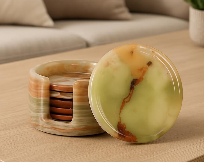 Featured listing image: Handmade White Marble Coaster Set of 6 with Sleek Holder – Modern Minimalist Drink Coasters, Housewarming & Wedding Gift Personalized Option