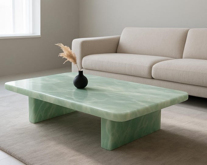 Featured listing image: Handmade Light Green Onyx Marble Coffee Table, Modern Stone Centerpiece for Living Room