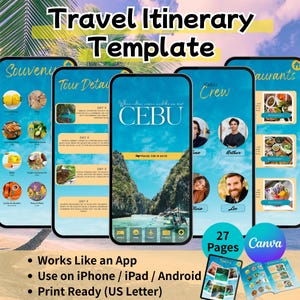 May include: A digital travel itinerary template displayed on several smartphones. The screens showcase travel details, photos, and the text "CEBU". Additional text includes "Works Like an App", "Use on iPhone / iPad / Android", and "Print Ready (US Letter)".