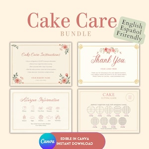 Puede incluir: Un conjunto de documentos imprimibles para negocios de pasteles, que incluyen instrucciones de cuidado, una tarjeta de agradecimiento, información sobre alérgenos y una guía de corte. Los diseños presentan acentos florales y tipografía elegante sobre un fondo crema. El paquete está etiquetado como "Cake Care Bundle".