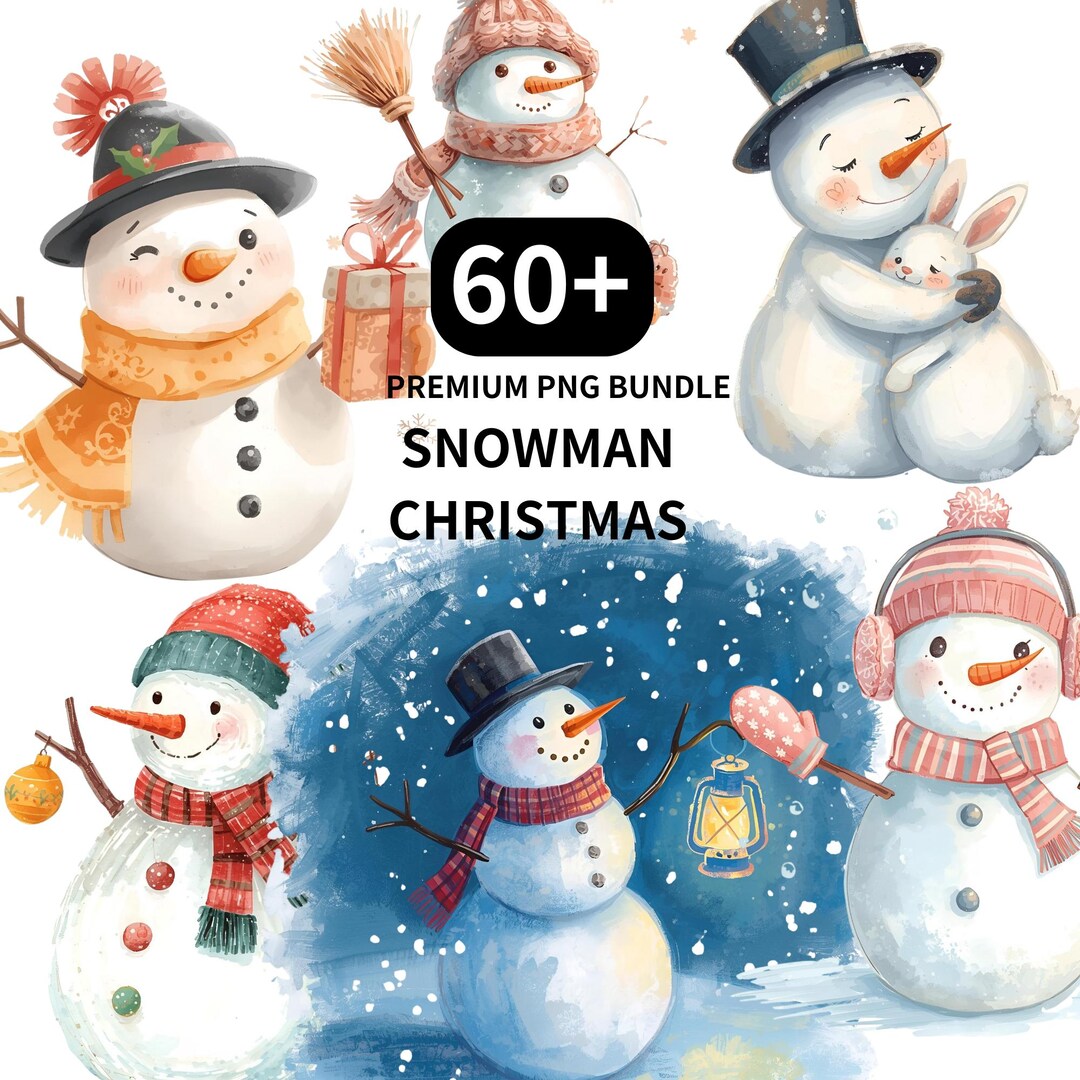 60 Cozy Christmas Snowman PNG Clipart Bundle, Cute Winter Watercolor ...