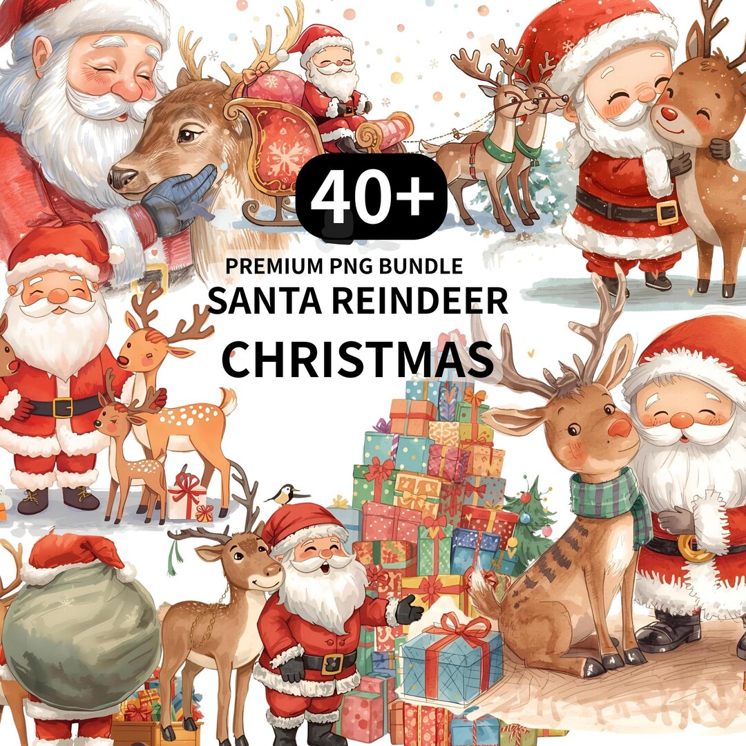 Christmas Png Clipart Bundle, Watercolor Santa and Reindeer (digital ...