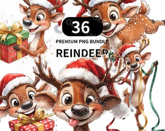 Cute Watercolor Reindeer Clipart PNG, 36 Christmas Reindeer With Santa ...