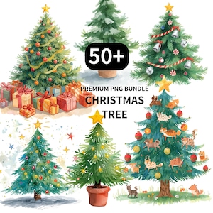 Könnte beinhalten: Eine Sammlung von Aquarell-Illustrationen von Weihnachtsbäumen. Die Bäume sind mit Ornamenten, Geschenken und Sternen geschmückt. Das Bild enthält den Text "50+ PREMIUM PNG BUNDLE CHRISTMAS TREE".