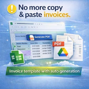 May include: An image of a digital invoice template with auto-generation. The screen shows an invoice, a "Generate PDF" button, and PDF documents. The text reads "No more copy & paste invoices." and "Invoice template with auto generation."