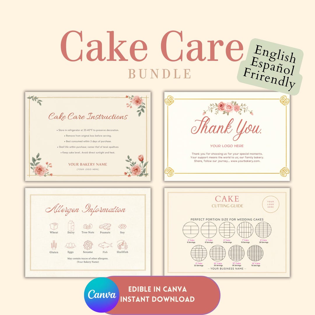 Cake Care Card Bundle Editable Canva Template | Cake Cutting Guide ...