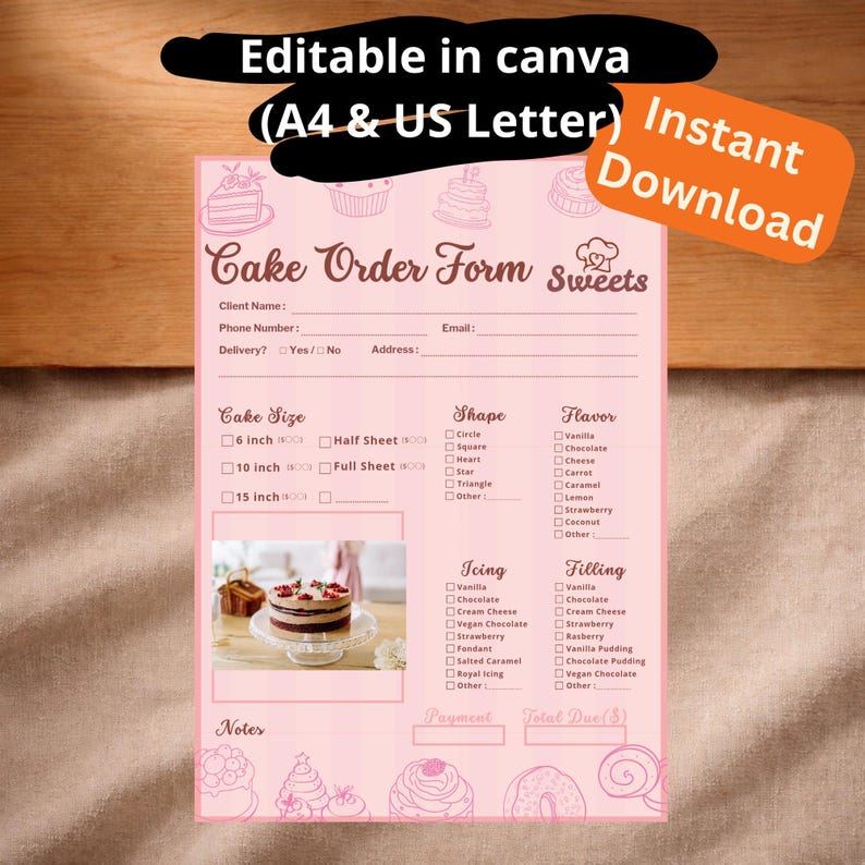 Editable Cake Order Form Template | Bakery Counter Order Sheet | in ...