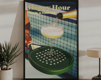 Padel Poster | Happy Hour Padel & Martini Print | Padel Court Wall Art | Aesthetic Sports Decor | Retro Bar Cart Print | Padel Gift