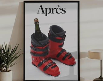 Après Ski Poster | Champagne Ski Boots Print | Aesthetic Bar Cart Art | Vintage Ski Wall Art | Retro Winter Decor | Chalet Print | Ski Gift