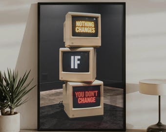 Retro tv-poster | Vintage computermuurkunst | Er verandert niets Afdrukken | Tech-decor uit de jaren 80 en 90 | Esthetisch citaatposter | Coole appartementkunst