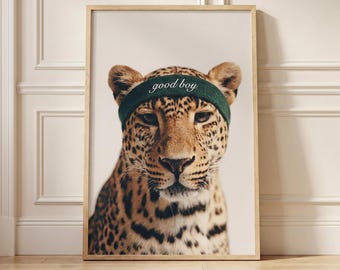 Leopard Poster | Good Boy Leopard Wall Art | Preppy Fashion Print | Aesthetic Animal Poster | Retro Bedroom Decor | Trendy Dorm Art