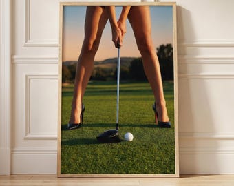 Golf Girl Poster | Aesthetic Golf Wall Art | Retro Pinup Print | Mancave Decor | Country Club Art | Vintage Sport Lover Gift |