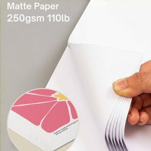 Może przedstawiać: Stos białego papieru matowego z napisem "Museum Quality Matte Paper 250gsm 110lb". Zbliżenie pokazuje r&oacute;żowy kwiatowy wz&oacute;r na papierze. Papier jest trzymany przez dłoń.