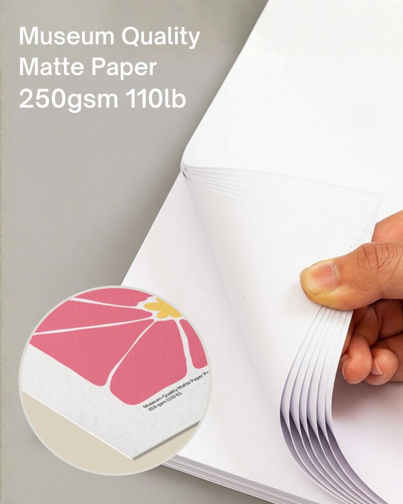 Może przedstawiać: Stos białego papieru matowego z napisem "Museum Quality Matte Paper 250gsm 110lb". Zbliżenie pokazuje r&oacute;żowy kwiatowy wz&oacute;r na papierze. Papier jest trzymany przez dłoń.
