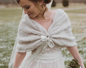 Winter Wedding Shawl: Mohair Bridal Wrap with Ribbon