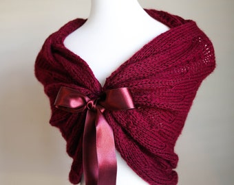 Hand Knit Bridal Shawl: Burgundy Wedding Wrap with Ribbon