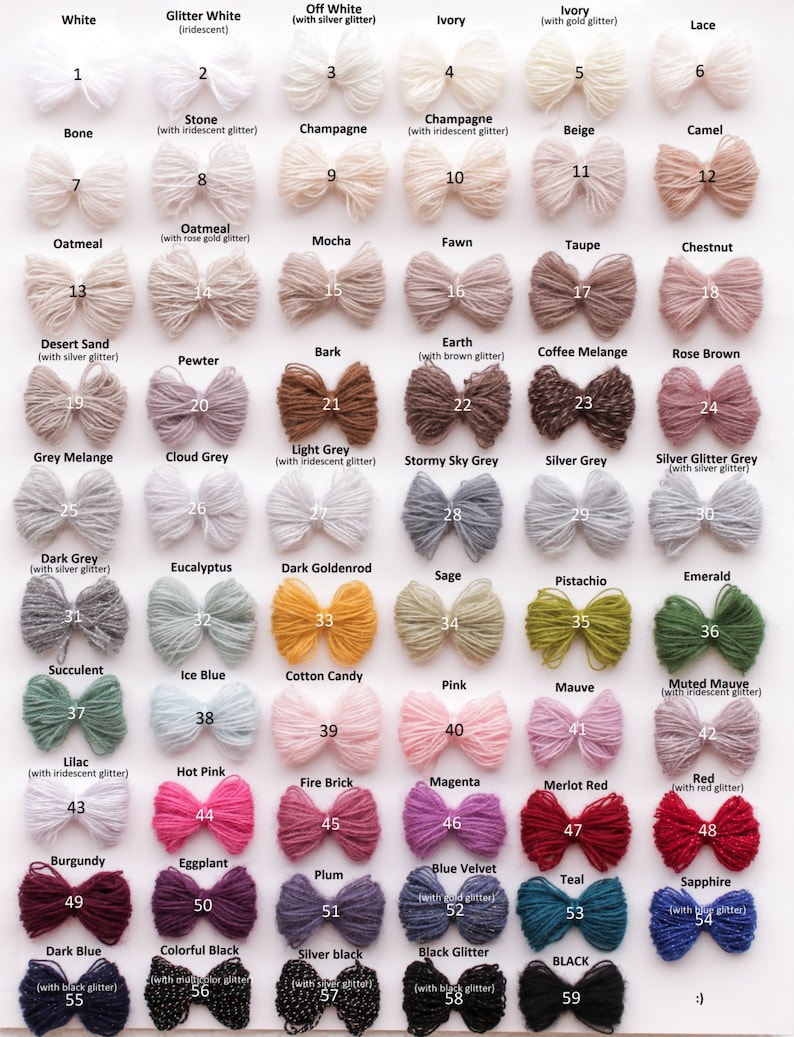 May include: A chart of 60 yarn colors, organized in rows and columns. Each color is displayed as a looped bundle of yarn. The yarn colors include white, ivory, beige, camel, oatmeal, taupe, chestnut, rose brown, grey melange, cloud grey, light grey, stormy sky grey, silver grey, silver glitter grey, dark grey, eucalyptus, dark goldenrod, sage, pistachio, emerald, succulent, ice blue, cotton candy, pink, mauve, muted mauve, lilac, hot pink, fire brick, magenta, merlot red, red, burgundy, eggplant, plum, blue velvet, teal, sapphire, dark blue, colorful black, silver black, black glitter, and black.