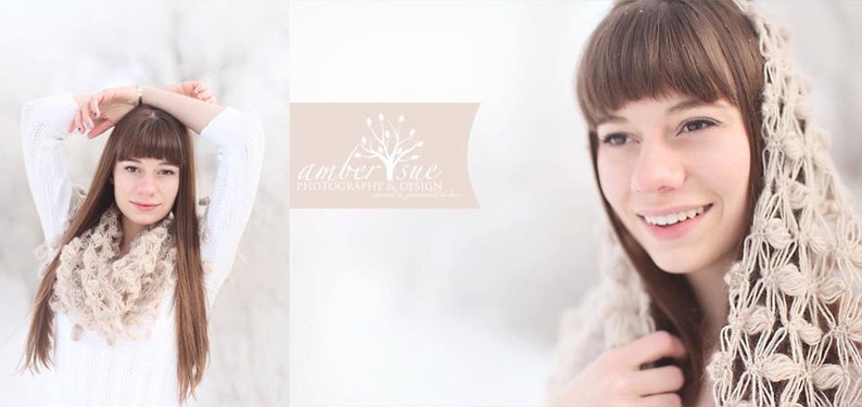 May include: A woman wearing a white sweater and a beige scarf with a textured design. The image also shows a beige shawl. The logo "amber sue PHOTOGRAPHY & DESIGN" is visible.