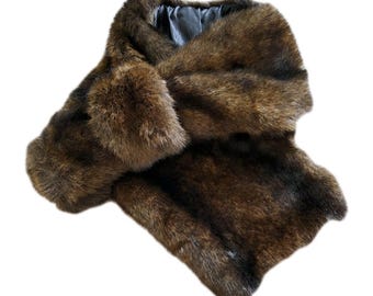 Vintage Brown Fur Stole Wrap Lined Muff Pocket Scarf
