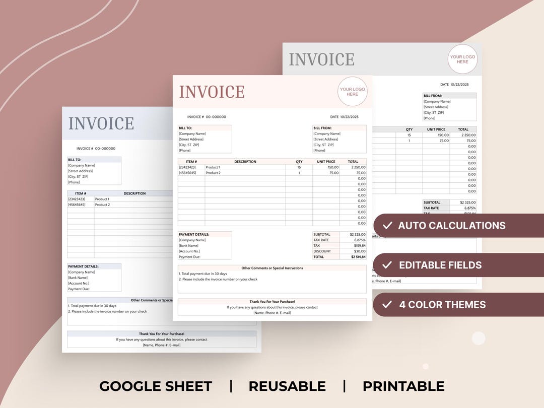 Invoice Template Google Sheets Printable Business Spreadsheet Editable ...