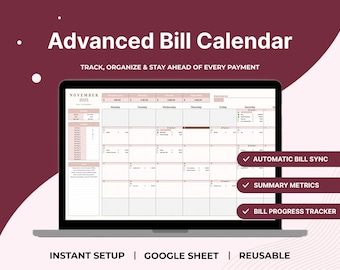 Monthly Bill Calendar Budget Planner Spreadsheet Payment Tracker Google Sheets Bills Organizer Expense Manager
