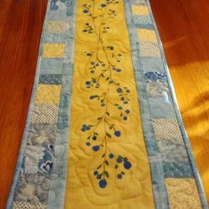 blueberry handpainted, quilted, table runner