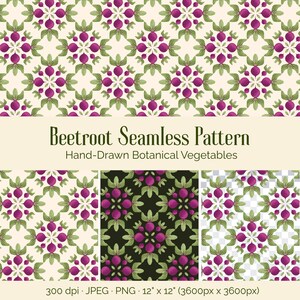 May include: A seamless pattern featuring hand-drawn purple beetroots with green leaves arranged in a repeating botanical grid. The text reads Beetroot Seamless Pattern Hand-Drawn Botanical Vegetables 300 dpi JPEG PNG 12 inches by 12 inches.