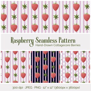May include: A digital graphic featuring a raspberry seamless pattern with hand-drawn red berries and green leaves on vertical striped backgrounds. Text reads: Raspberry Seamless Pattern Hand-Drawn Cottagecore Berries 300 dpi JPEG PNG 12 x 12.
