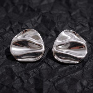 Silver Molten Crinkle Dome Stud Earrings, Bold Sculptural Statement Studs, Birthday Gift for Her
