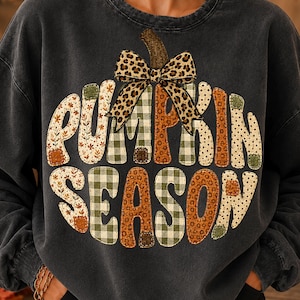 Pumpkin Season PNG | Fall Patchwork Design | Rustic Autumn Sublimation | Gingham Floral Letters | Leopard Bow Shirt Graphic