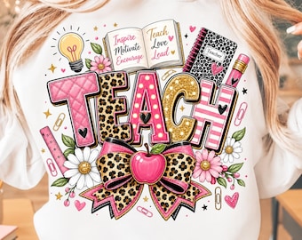 Preppy Leopard TEACH PNG | Coquette Bow Teacher Design | Pink Glitter Back to School Sublimation | Teacher Shirt Digital Download