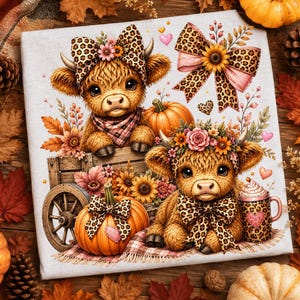May include: A white fabric print featuring two fluffy Highland calves with leopard print bows, one sitting in a wooden wagon and one beside a pumpkin. The design includes sunflowers, autumn leaves, small hearts, and a leopard print mug.