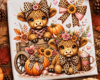 Highland Cow PNG | Autumn Pumpkin Sublimation | Leopard Bow Coquette Cow | Fall Coffee Design | Digital Download