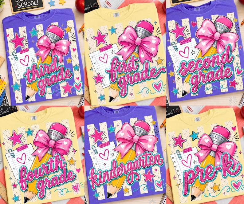 May include: A collection of six t-shirts in yellow and purple, each featuring a graphic of a yellow pencil with a pink bow, a notepad with a heart, and colourful stars. The shirts display the text third grade, first grade, second grade, fourth grade, kindergarten, and pre-k.