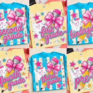 May include: A collection of six t-shirts in bright blue and yellow, each featuring a graphic of a yellow pencil with a large pink bow, a notepad with a heart, and stars. The shirts display the text second grade, first grade, kindergarten, fourth grade, third grade, and pre-k in pink glittery script.