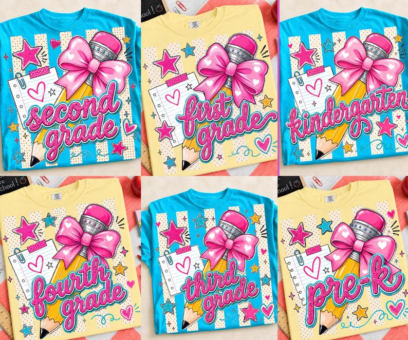 May include: A collection of six t-shirts in bright blue and yellow, each featuring a graphic of a yellow pencil with a large pink bow, a notepad with a heart, and stars. The shirts display the text second grade, first grade, kindergarten, fourth grade, third grade, and pre-k in pink glittery script.