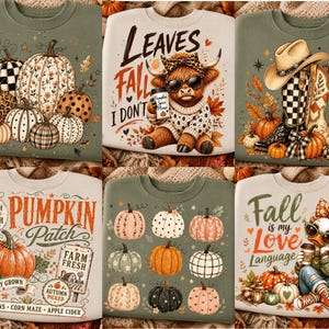 May include: A collection of six crewneck sweatshirts featuring autumn-themed graphics. Designs include pumpkins with various patterns, a highland cow with sunglasses, cowboy boots, pumpkin patch signs, and a duck wearing a bow.