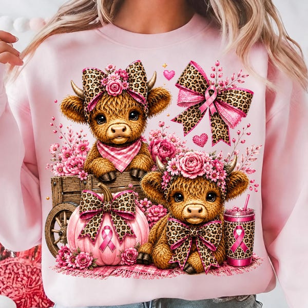 Pink Highland Cow PNG | Breast Cancer Awareness Sublimation | Leopard Bow Pumpkin Design | Pink Out Digital Download