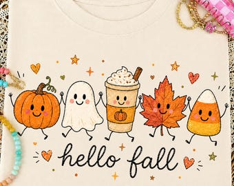Hello Fall PNG | Cute Autumn Sublimation | Pumpkin Ghost Candy Corn | Fall Shirt Graphic | Pumpkin Spice Latte Design