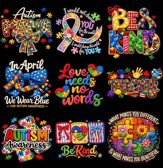 Autism Awareness PNG Bundle | Faux Yarn Designs | Autism Mom, Be Kind Sublimation