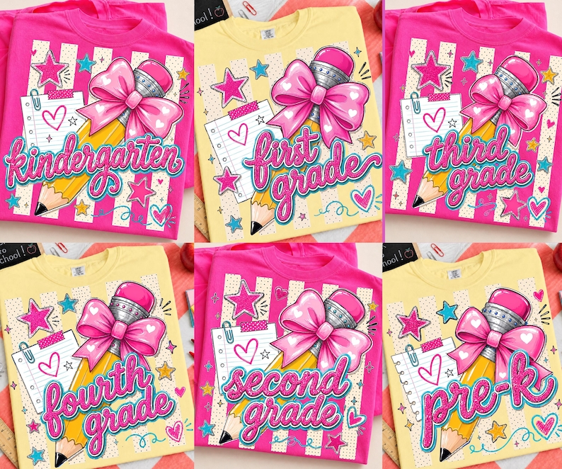 May include: A collection of six t-shirts in pink and yellow, each featuring a graphic of a yellow pencil with a large pink bow, a notepad with a heart, and stars. The shirts display the text kindergarten, first grade, third grade, fourth grade, second grade, or pre-k.