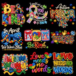 Autism Awareness PNG Bundle | Faux Yarn Designs | Autism Mom, Be Kind (Sublimation)