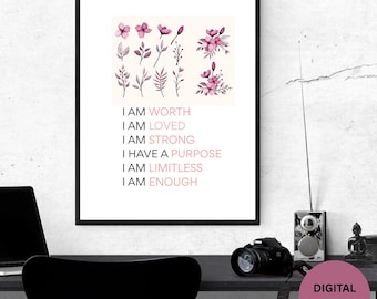 I Am Enough Wall Art Printable, Self Love Botanical Quote, Neutral Decor
