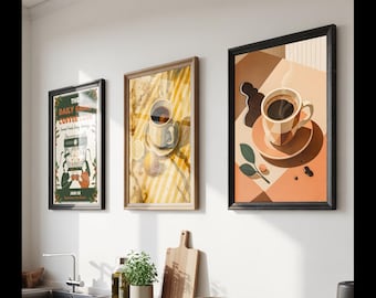 Coffee Gallery Wall Art Prints: Set og 4, Kitchen Decor Set (Digital File)