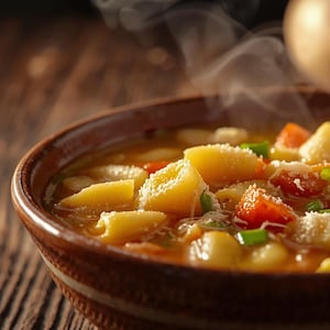 Puede incluir: Primer plano de un cuenco de sopa caliente con pasta, zanahorias y cebolletas. La sopa está en un cuenco de cerámica marrón, y sale vapor de la parte superior. La sopa está adornada con queso rallado.