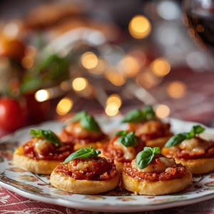 Puede incluir: Un plato de aperitivos con salsa de tomate, queso y albahaca. Los pequeños aperitivos redondos están dispuestos en un plato decorativo con un estampado floral. Una copa de vino tinto está en el fondo, junto con tomates y luces borrosas.