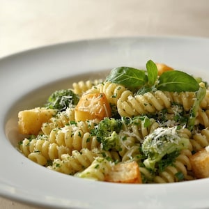 May include: A white bowl filled with fusilli pasta, broccoli florets, and croutons. Garnished with fresh basil leaves and grated cheese. The pasta is coated in a green sauce.