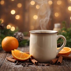 Könnte beinhalten: Eine dampfende beige Tasse Kaffee auf einem Holztisch, umgeben von Orangenscheiben, Zimtstangen und Nelken. Eine Orange und Tannenzweige im Hintergrund. Warme, einladende Szene mit Bokeh-Lichtern.